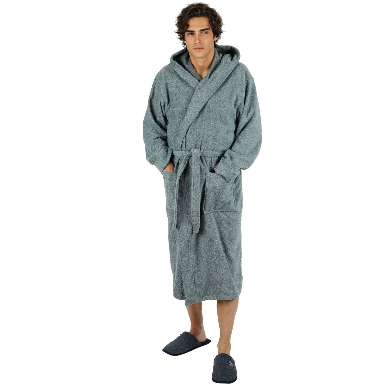 Bademantel lang, Herren, mit Kapuze Frottee Saunamantel L/XL Grün