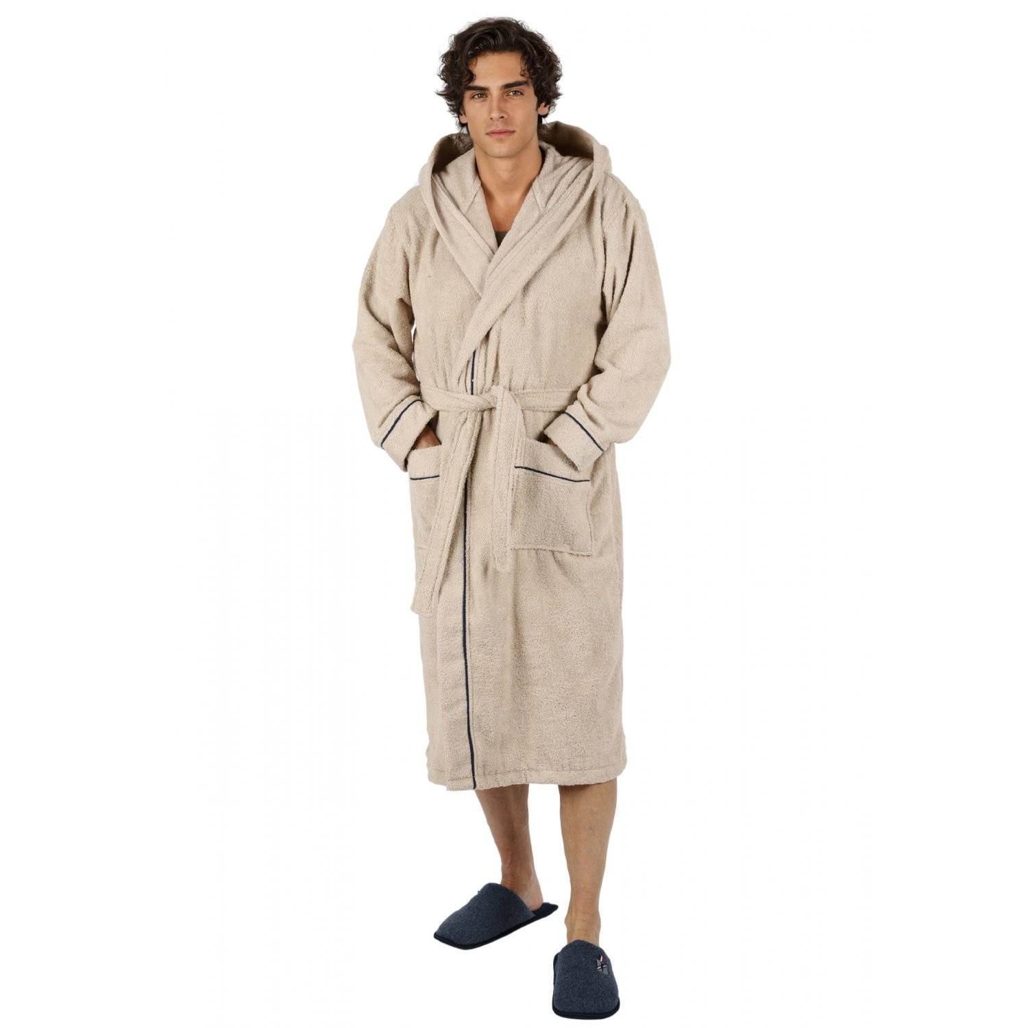 Bademantel lang, Herren, mit Kapuze Frottee Saunamantel S/M Beige