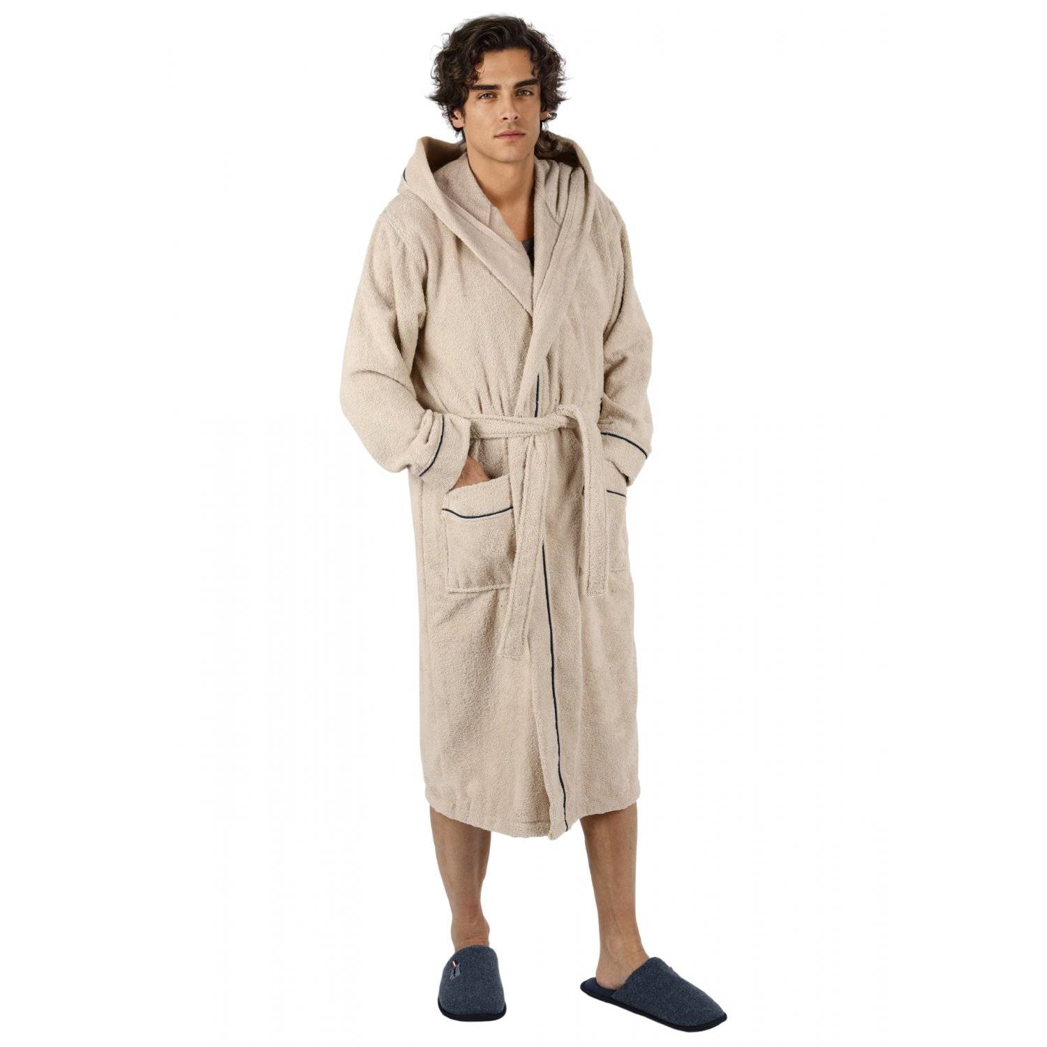 Bademantel lang, Herren, mit Kapuze Frottee Saunamantel S/M Beige
