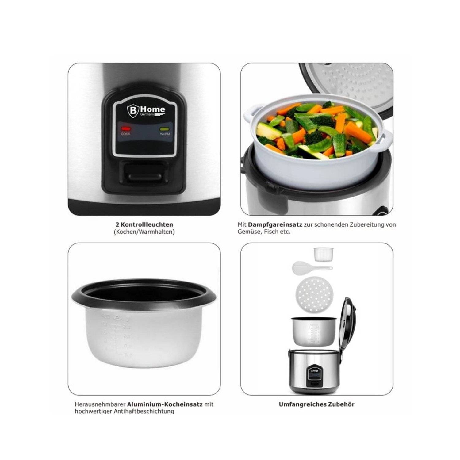 Multi Dampfkocher Reiskocher und Dampfgarer mit Zubehör 1,5 Liter - 500W
