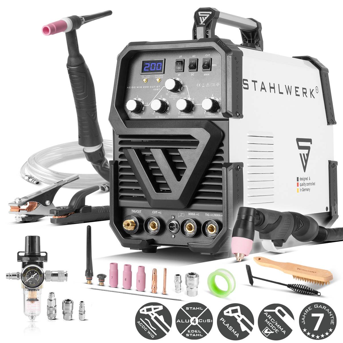 STAHLWERK Schweißgerät AC/DC WIG 200 CUT mit MMA und integriertem Plasmaschneider