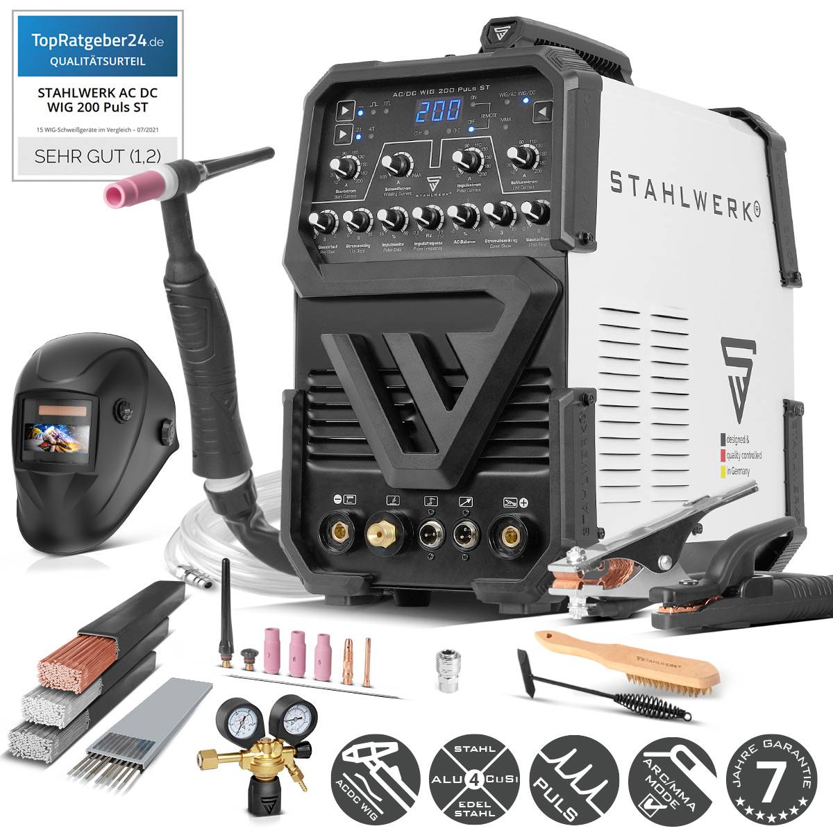 Stahlwerk AC DC WIG 200 Puls ST' Schweißgerät-Set mit Maske, Zubehör und Werkzeugen. Display zeigt '200'. Bewertet mit 'Sehr Gut (1.2)'.