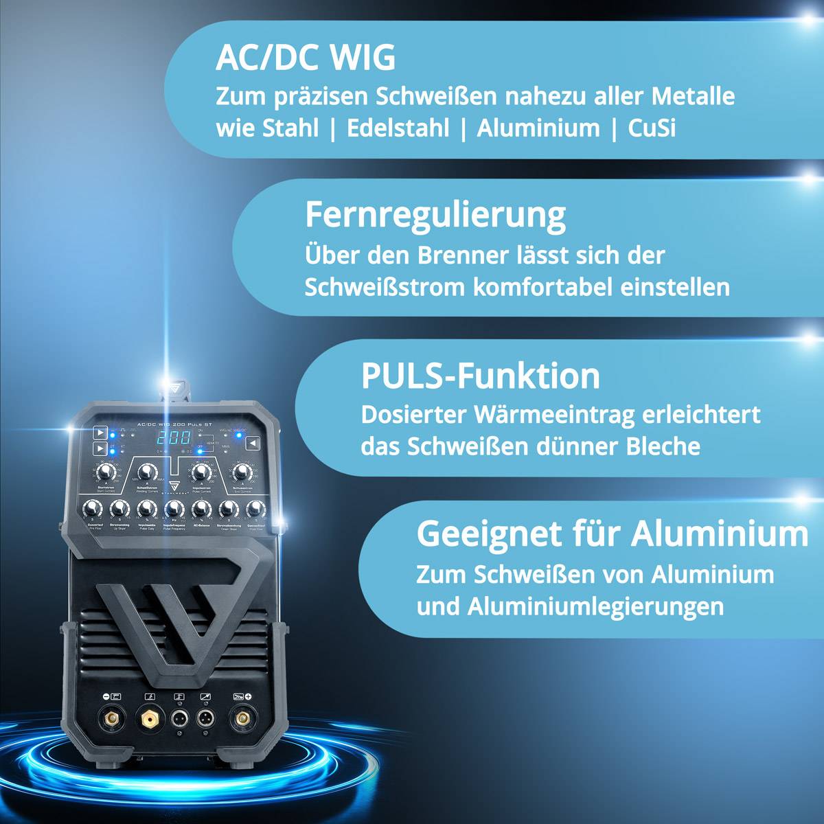 Eine Schweißmaschine mit digitaler Anzeige, umgeben von Text: 'AC/DC WIG zum Schweißen von Metallen,' 'Fernbedienung,' 'PULS für dünne Bleche,' 'Geeignet für Aluminium.