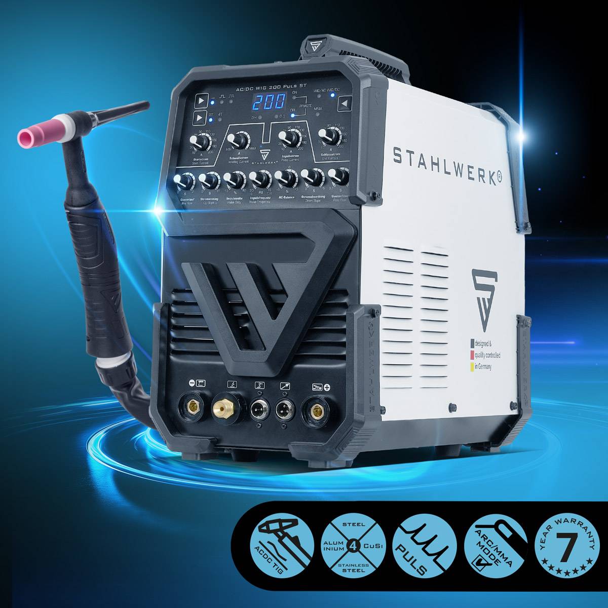TIG 200 Pulse' Schweißgerät mit Bedienfeld und angeschlossenem Schweißbrenner. Zu den Merkmalen gehören Pulsfunktion und eine 7-jährige Garantie.