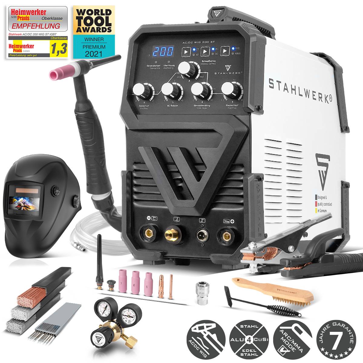 TIG-Schweißgerät-Set mit Helm, Brenner und Zubehör; enthält Kabel, Messgeräte und Verbrauchsmaterialien. 