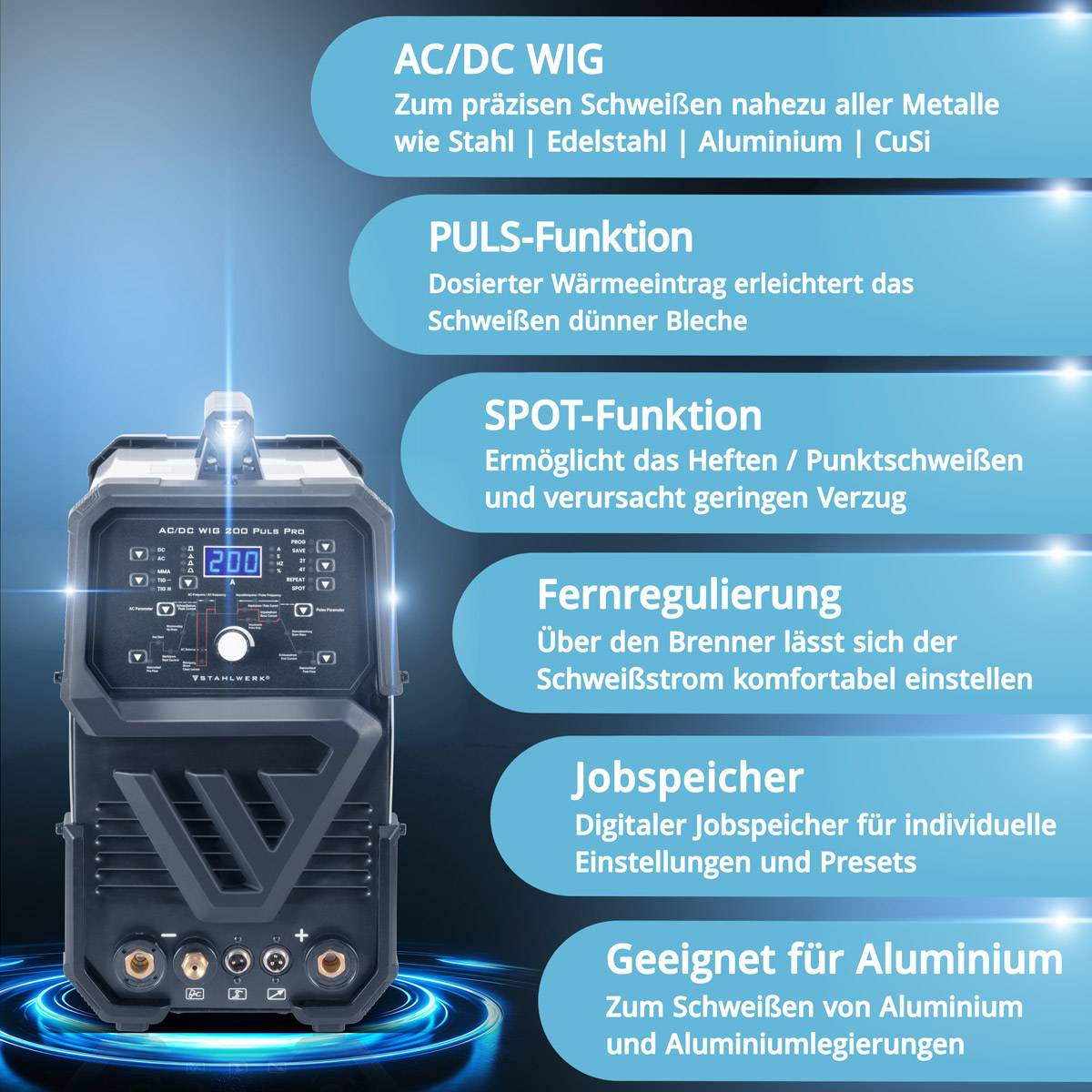 STAHLWERK Digitales Schweißgerät AC/DC WIG 200 Puls Pro IGBT Inverter 200A