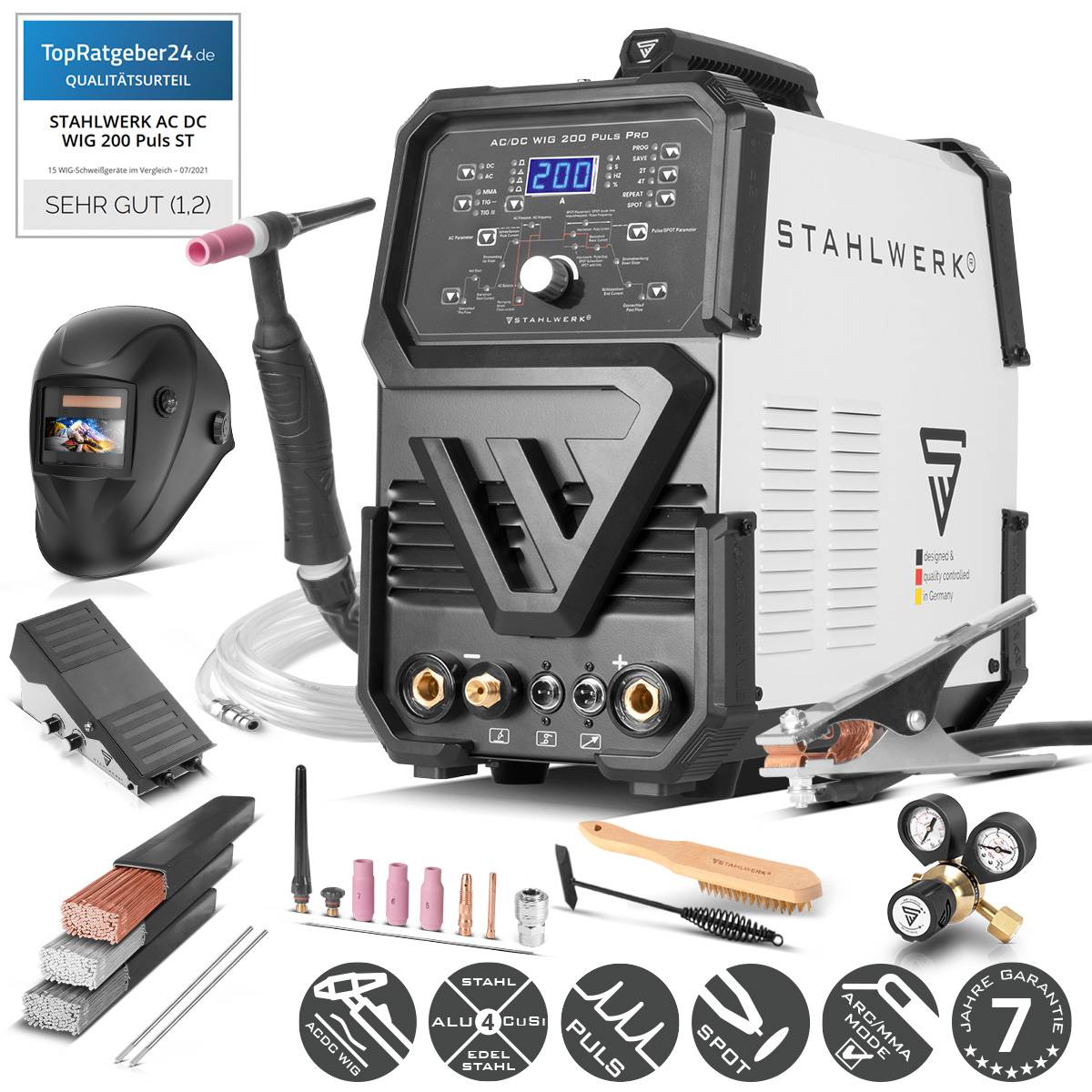 STAHLWERK Digitales Schweißgerät AC/DC WIG 200 Puls Pro Vollausstattung