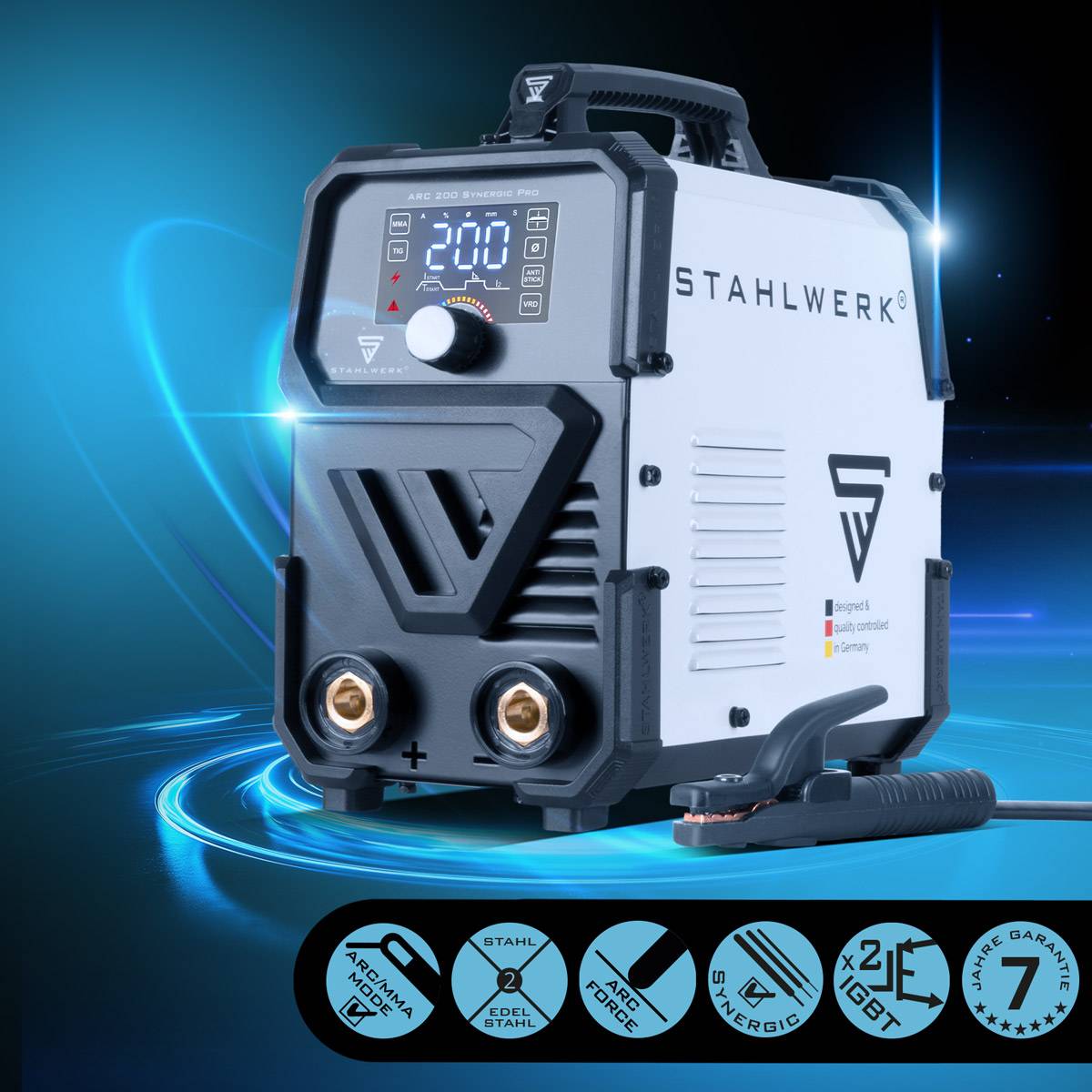 STAHLWERK Schweißgerät ARC 200 Synergic Pro MMA Lift TIG IGBT Inverter 200 A