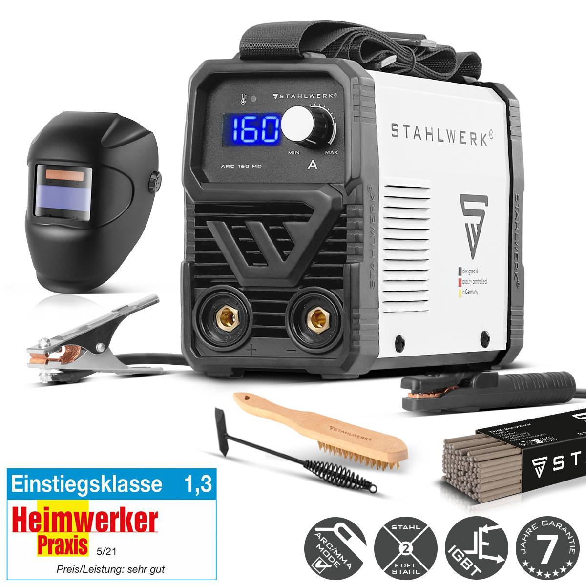 Eine tragbare Schweißmaschine mit digitaler Anzeige mit der Markierung „150 A