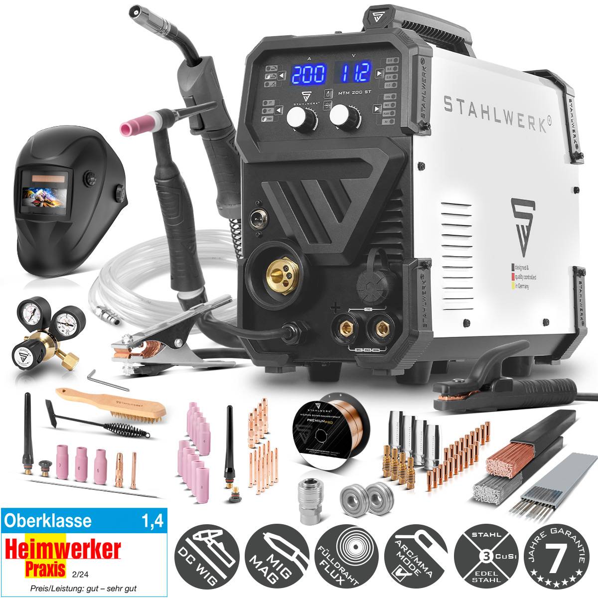 Tragbarer Schweißmaschinen-Satz mit Helm, Kabeln, Kupferdraht und Steckverbindern. Bietet verschiedene Funktionen und Werkzeuge für vielseitige Verwendung.