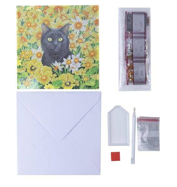 Craft Buddy CCK-A103 - Crystal Art Card Kit, Cat Among the Flowers, Katze, 18x18cm, Kristall-Kunstkarte, Diamond Painting