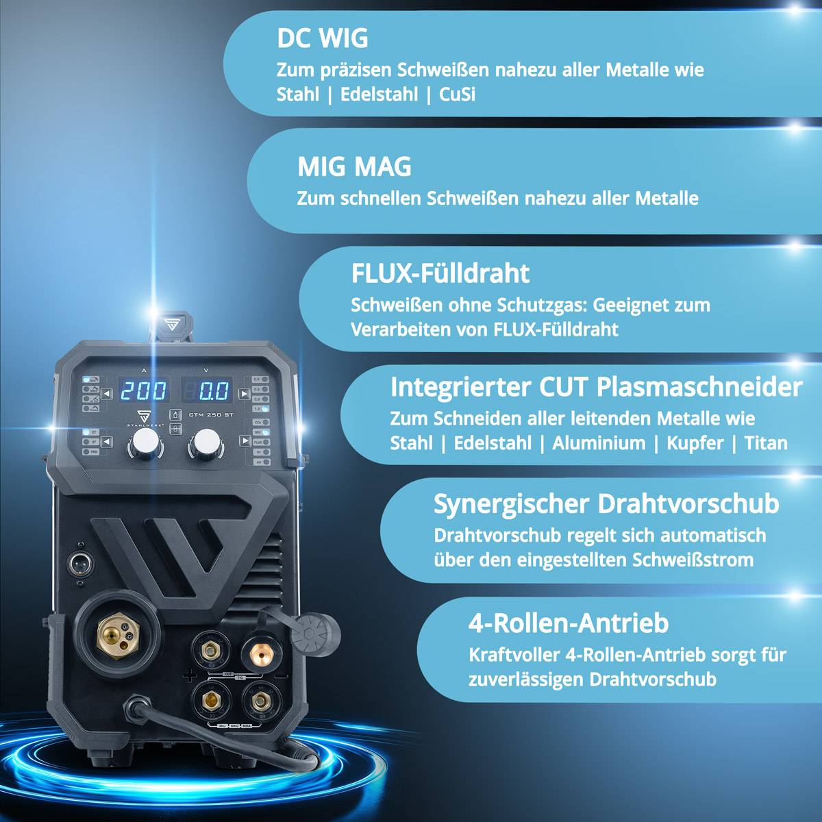 STAHLWERK Kombi Schweißgerät CTM-250 ST 200 A CUT WIG MIG MAG MMA FLUX