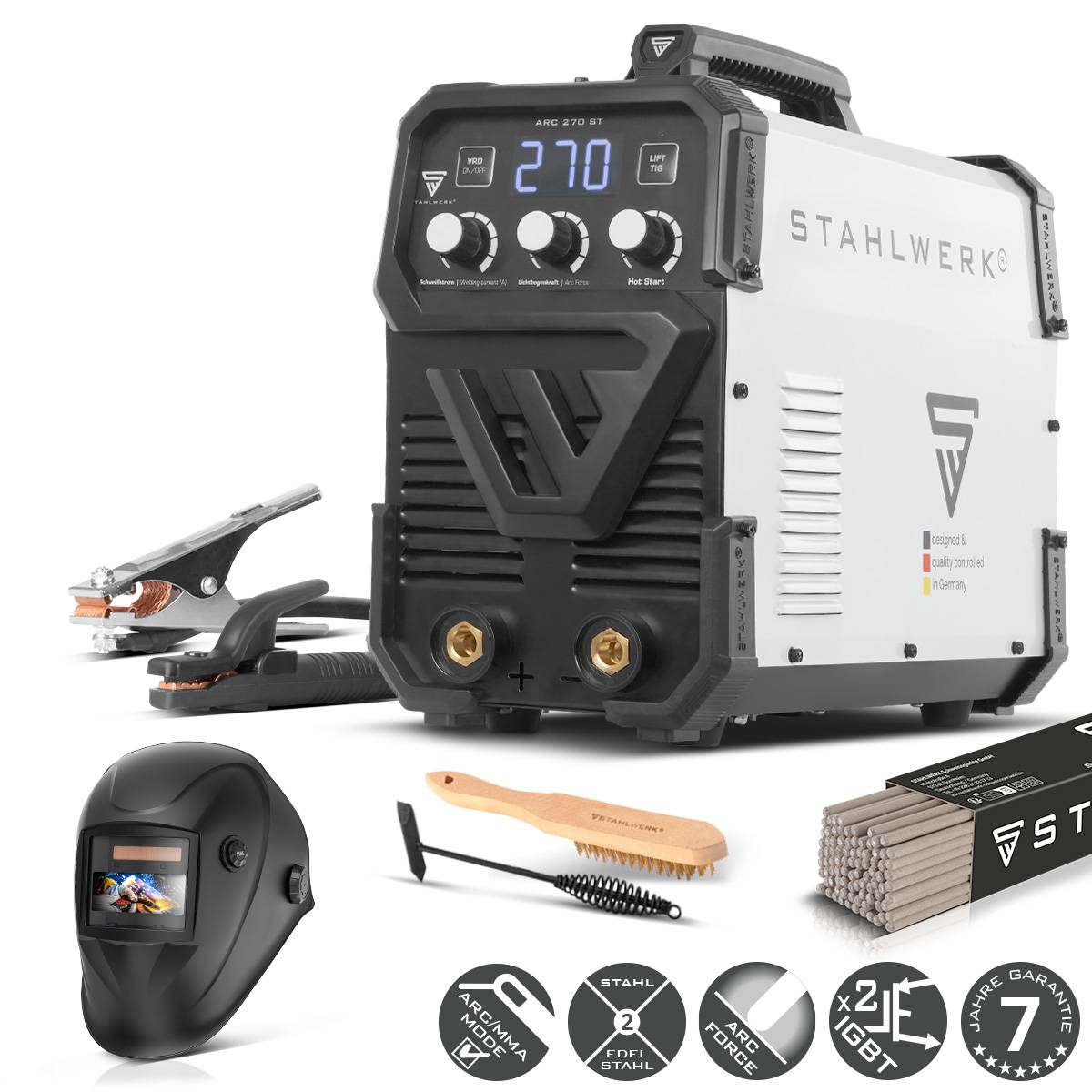 Schweißausrüstungsset mit Bedienfeld, Helm, Bürste, Elektroden und Zubehör. Marke Stahlwerk, Modell ARC 270 ST IGBT.