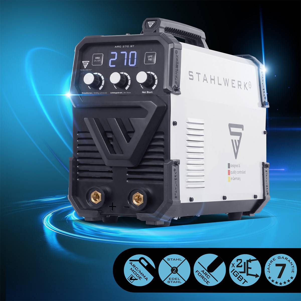 Frontansicht einer Schweißmaschine mit digitaler Anzeige, die '270' zeigt. Mit der Markenbezeichnung 'STAHLWERK', Bedienknöpfen und Eingabeanschlüssen.
