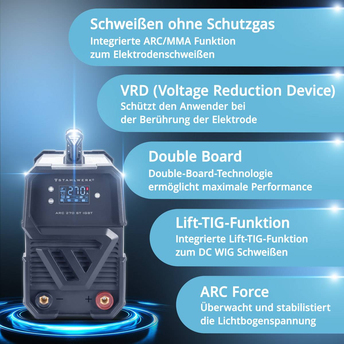 STAHLWERK Schweißgerät ARC 270 ST DC Vollausstattung mit echten 250 Ampere