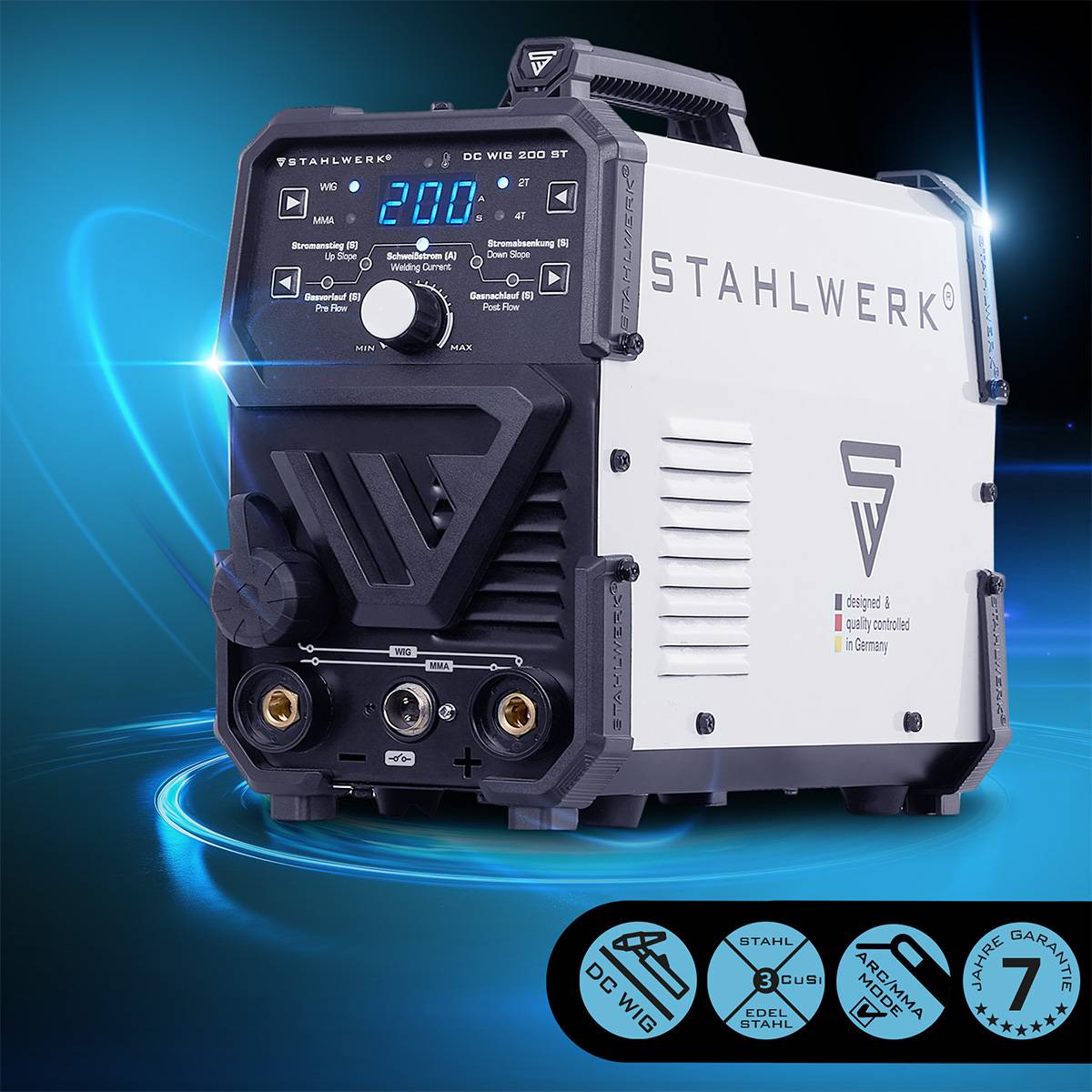TIG 200 ST Schweißmaschine von STAHWERK mit digitaler Anzeige, einstellbaren Einstellungen und robustem Aufbau; konzipiert für Schweißarbeiten.