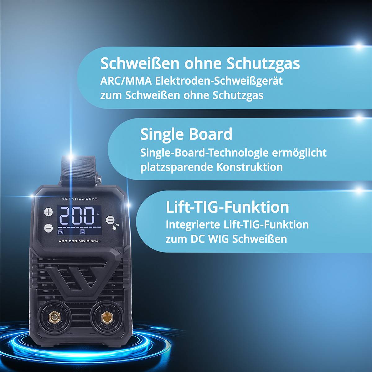 Schweißmaschine ohne Gasnotwendigkeit. Zu den Merkmalen gehören ein platzsparendes Single-Board-Design und eine integrierte Lift-TIG-Funktion für DC-TIG.