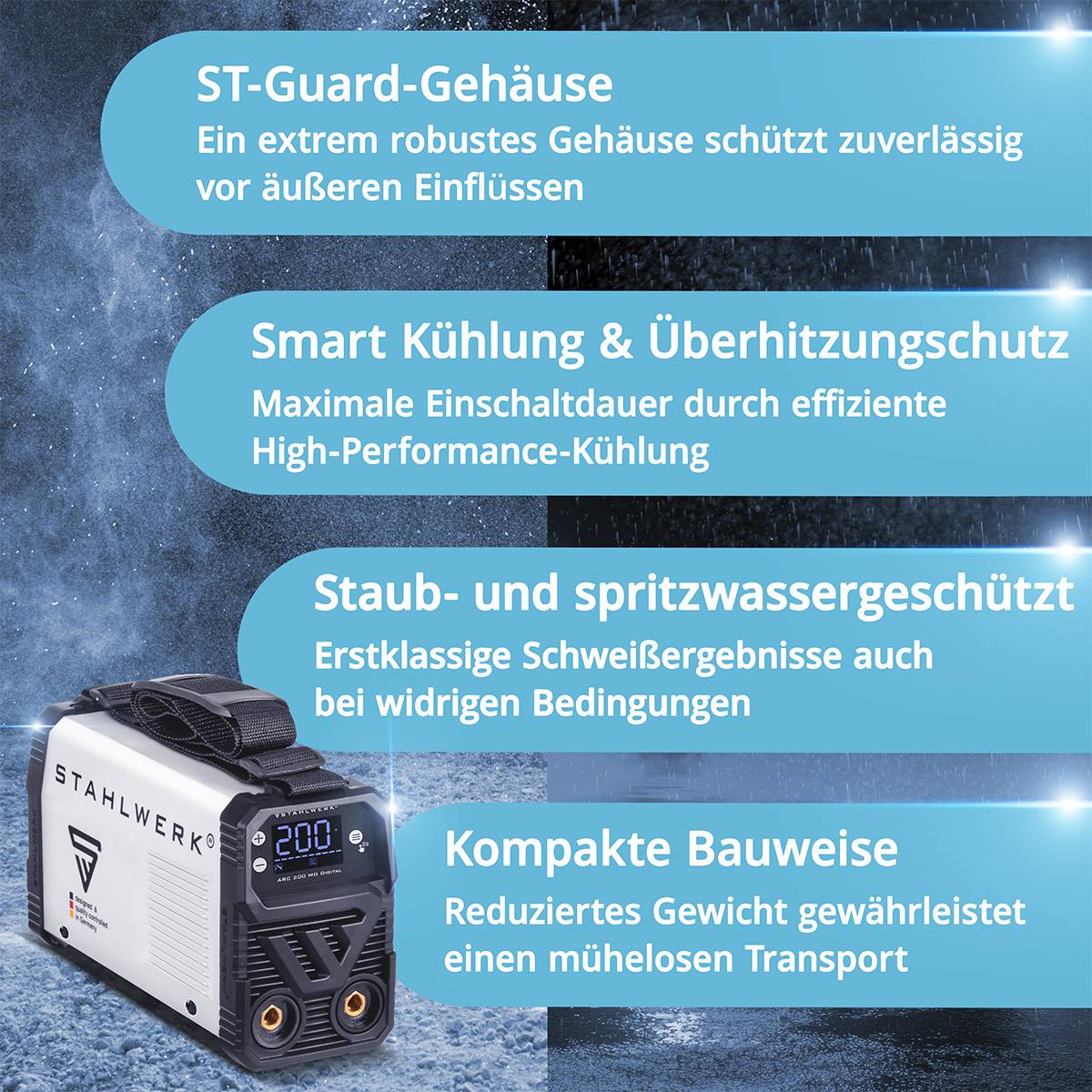 ST-Guard-Gehäuse' schützt vor Einflüssen. 'Smart Kühlung' für optimale Leistung. Geräterobust gegen Staub, Wasser. Leicht transportierbar.