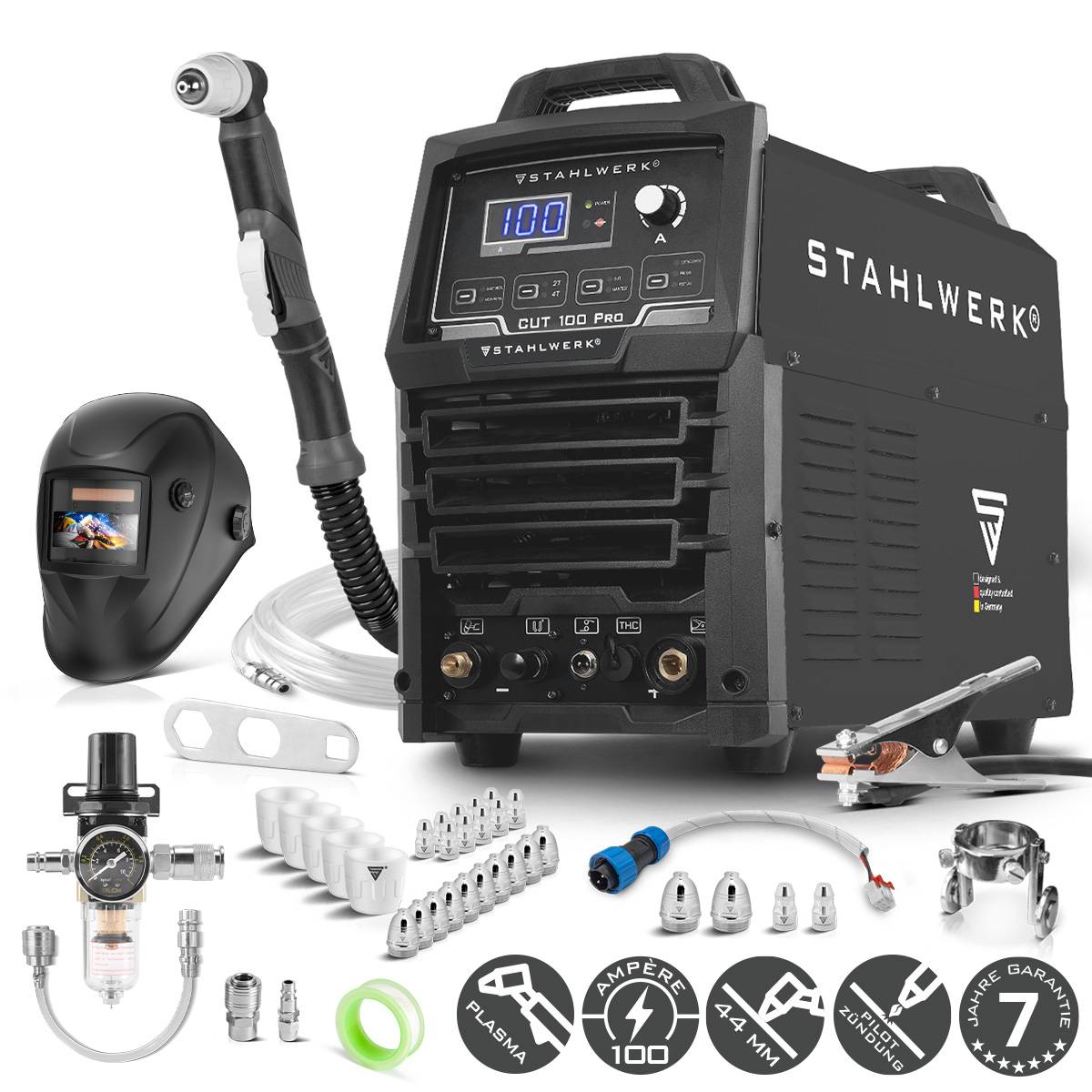TIG 200 Pulse AC/DC Schweißgerät-Set enthält Helm, Schweißbrenner, Zubehör und Farbdisplay; Markenname 'STAHLWERK' ist am Gerät sichtbar.
