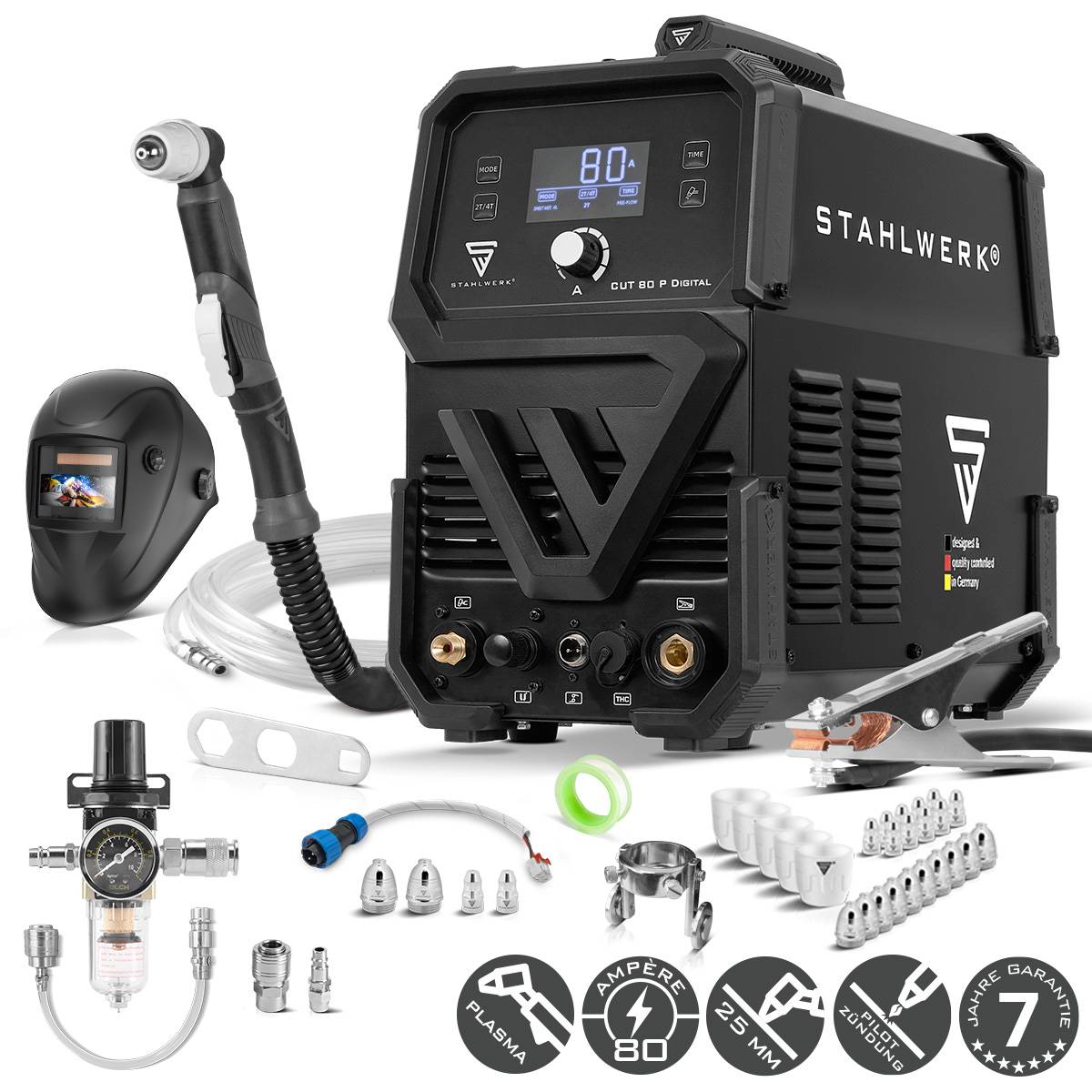 Plasmaschneidemaschine mit Bedienelementen und Display mit Anzeige 