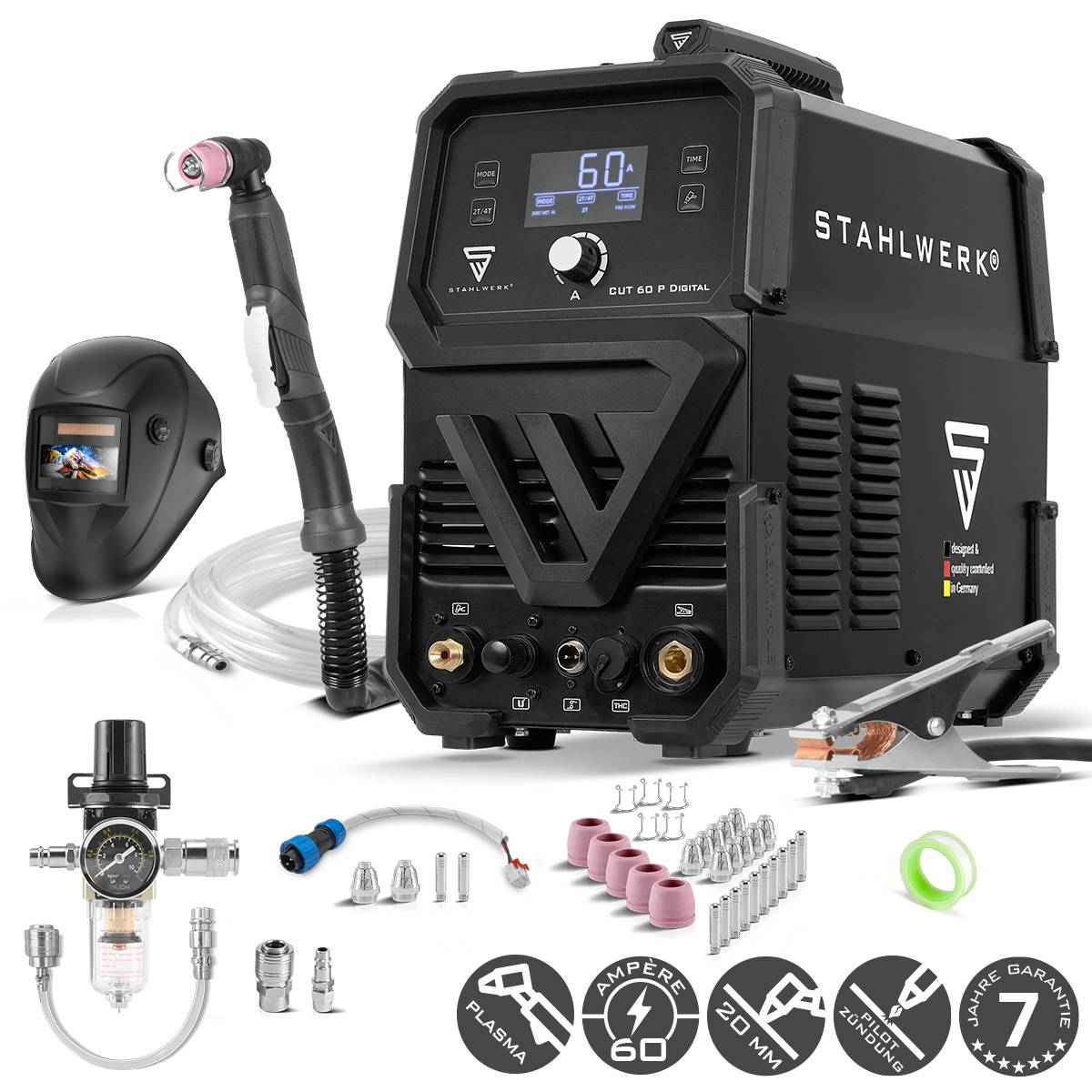 STAHLWERK CUT 60' Plasmaschneidegerät-Set mit Zubehör, einschließlich Schweißhelm, Kabeln, Anschlüssen und Verbrauchsmaterialien, zur Verkauf ausgestellt.