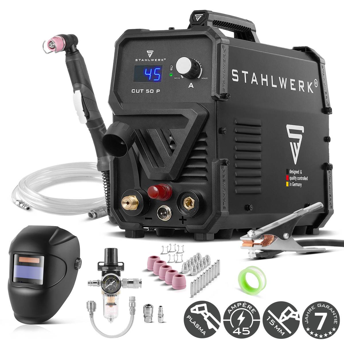 Black STAHWERK CUT 50 P Plasmaschneidanlage mit digitaler Anzeige, Zubehör einschließlich Schweißmaske, Druckregler, Kabel und Düsen.