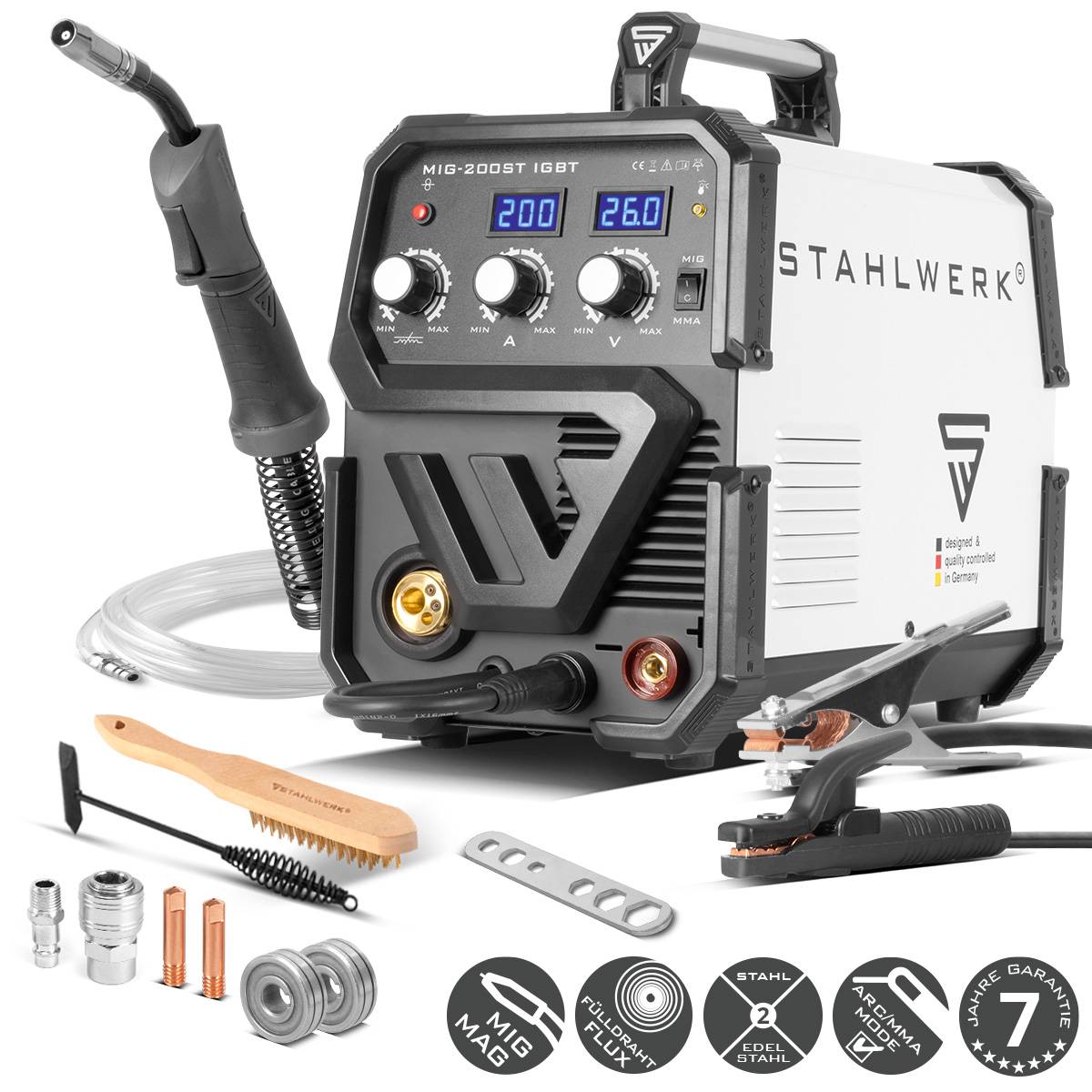 STAHLWERK Schweißgerät MIG MAG 200 ST IGBT Schutzgas mit 200 Ampere MMA E-Hand