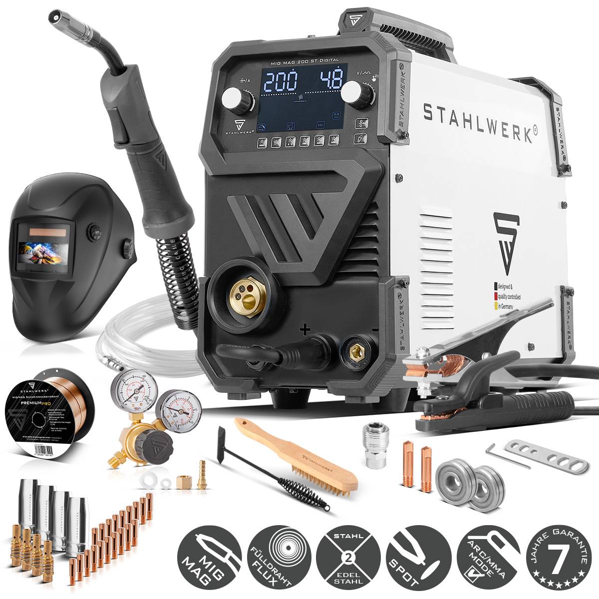 Das 'STAHLWERK' Schweißmaschinenset umfasst eine digitale Schweißvorrichtung, einen Helm, einen Gasschlauch, Drähte, Messgeräte und Zubehör.