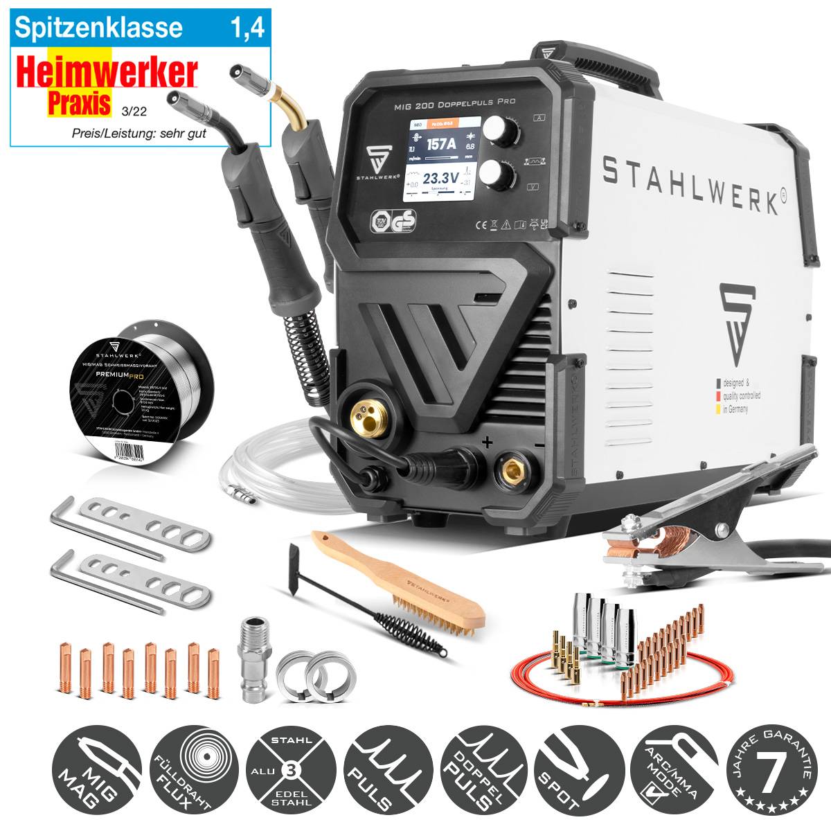 STAHLWERK Schweißgerät MIG MAG 200 Doppelpuls Pro vollsynergisches mit Zubehör