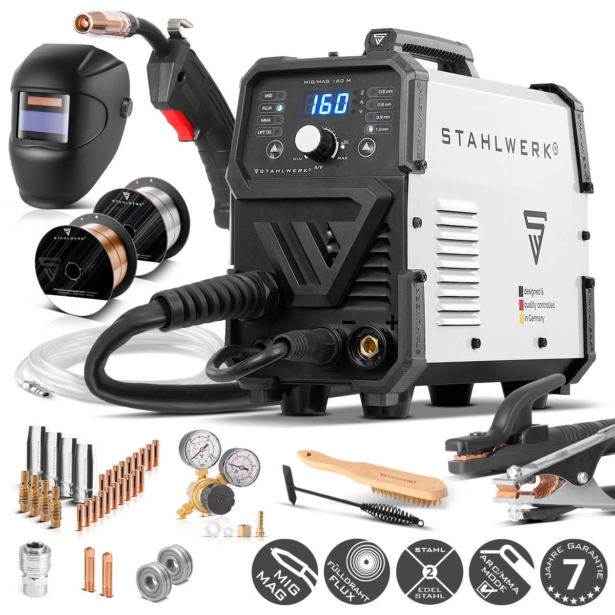 Schweißmaschinen-Set mit digitalem Display und Einstellungen, Helm und verschiedenes Zubehör. Enthält Kabel, Düsen und Schweißdraht.
