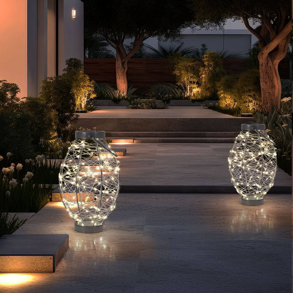 Tischleuchte Außenleuchte Gartenlampe Tischlampe Balkon Dekolampe, Metall silber, IP44, 5m Kabel, 170x LED 170x 0,06 Watt warmweiß, DxH 26x53 cm