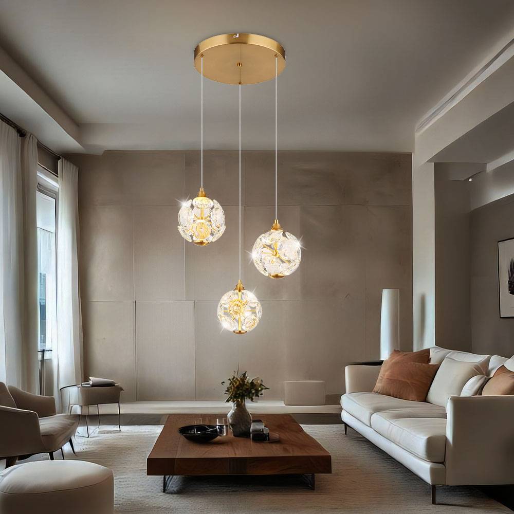 Pendellampe Esstischleuchte Hängelampe Wohnzimmerleuchte Deckenlampe, Metall Kristalle gold, 3 Flammig LED 24W 2000Lm 3000K warmweiß, H 150 cm