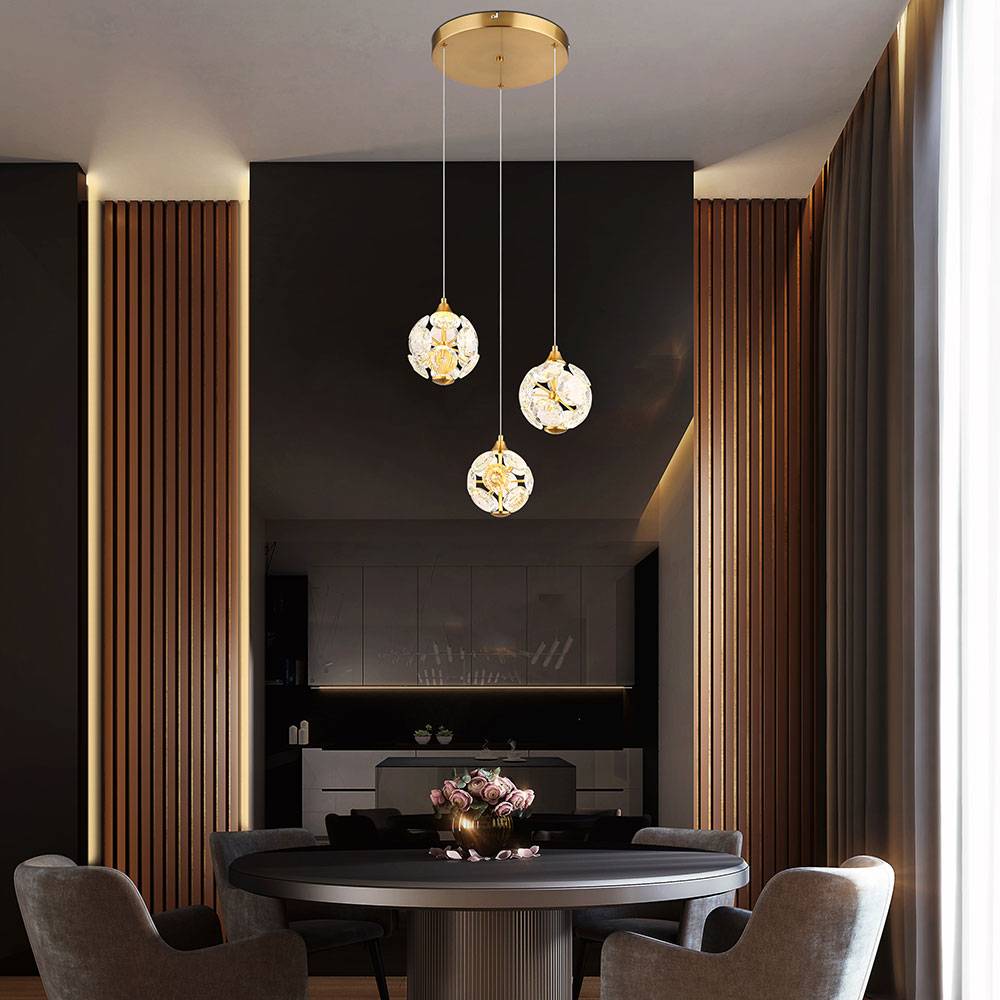 Pendellampe Esstischleuchte Hängelampe Wohnzimmerleuchte Deckenlampe, Metall Kristalle gold, 3 Flammig LED 24W 2000Lm 3000K warmweiß, H 150 cm