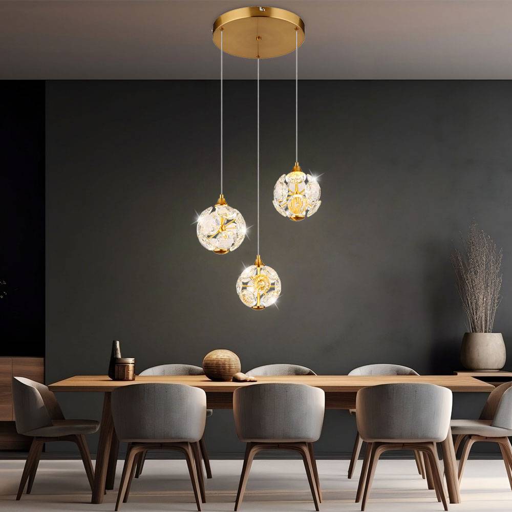 Pendellampe Esstischleuchte Hängelampe Wohnzimmerleuchte Deckenlampe, Metall Kristalle gold, 3 Flammig LED 24W 2000Lm 3000K warmweiß, H 150 cm