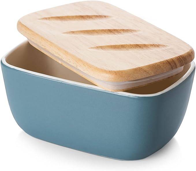 DOWAN 16×10×8cm große Keramik-Butterdose mit Holzdeckel, luftdichter Butterbehälter, Butter aufstreichen, Blau