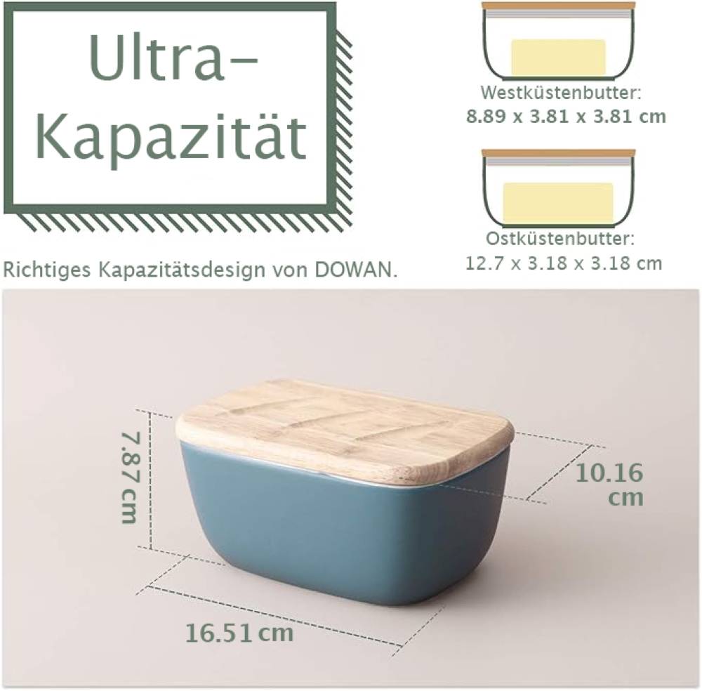 DOWAN 16×10×8cm große Keramik-Butterdose mit Holzdeckel, luftdichter Butterbehälter, Butter aufstreichen, Blau