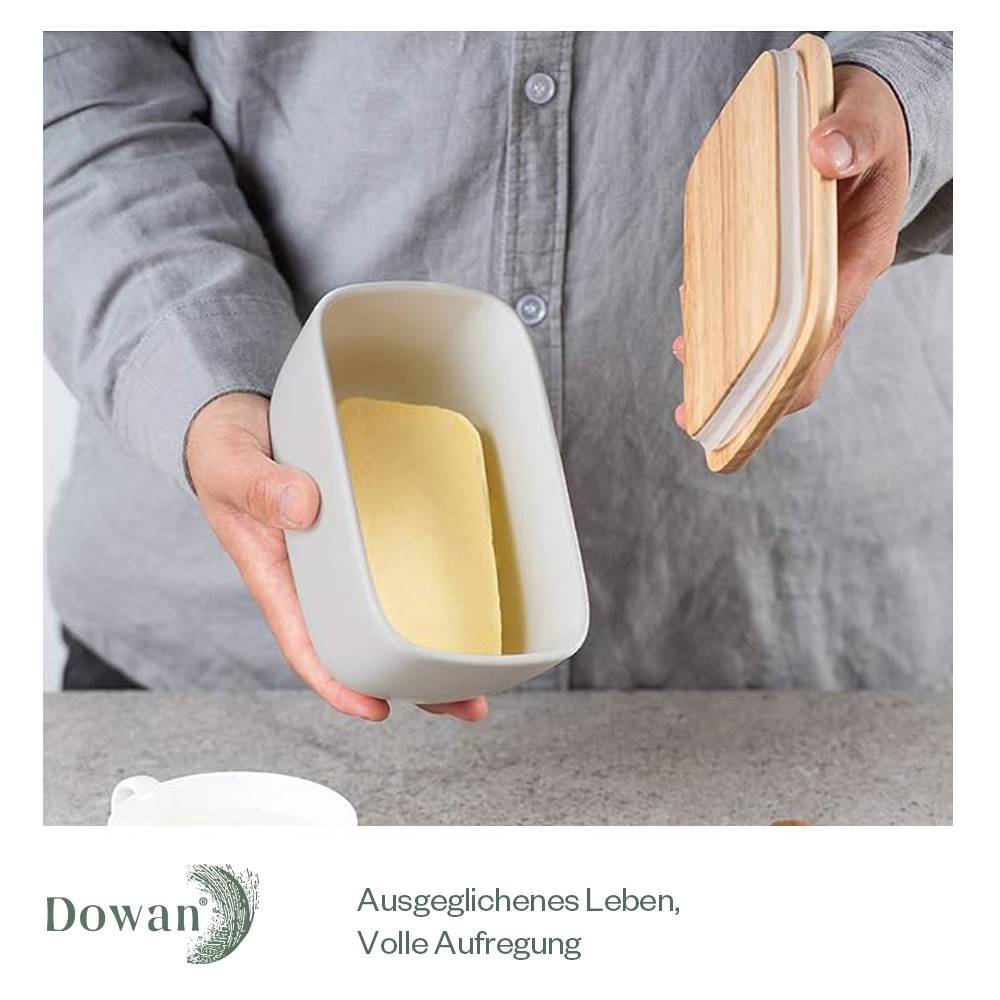 DOWAN 16×10×8cm große Keramik-Butterdose mit Holzdeckel, luftdichter Butterbehälter, Butter aufstreichen, Blau