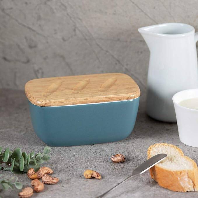 DOWAN 16×10×8cm große Keramik-Butterdose mit Holzdeckel, luftdichter Butterbehälter, Butter aufstreichen, Blau