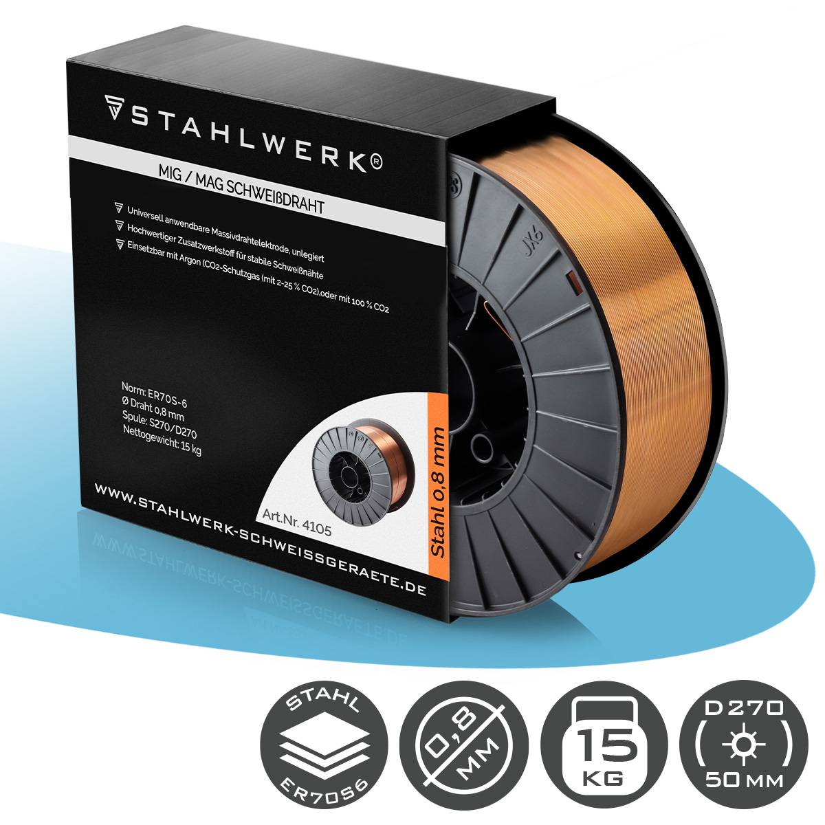 STAHLWERK Schweißdraht MIG MAG Premium Drahtrolle ER70S-6 SG2 0,8 mm 15 kg