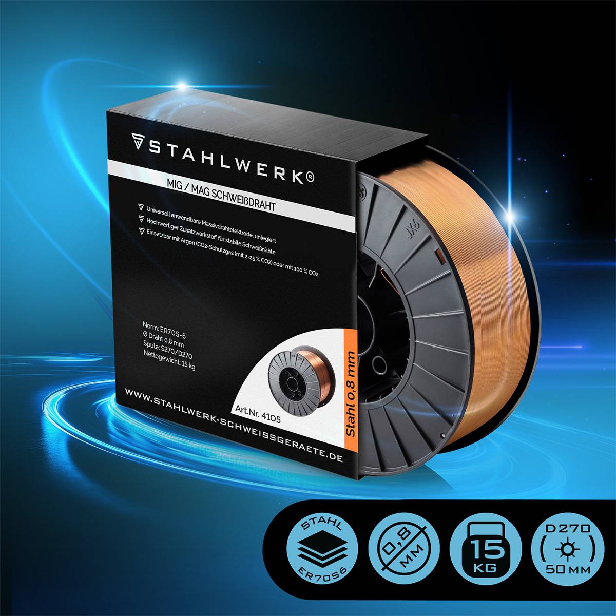 STAHLWERK Schweißdraht MIG MAG Premium Drahtrolle ER70S-6 SG2 0,8 mm 15 kg
