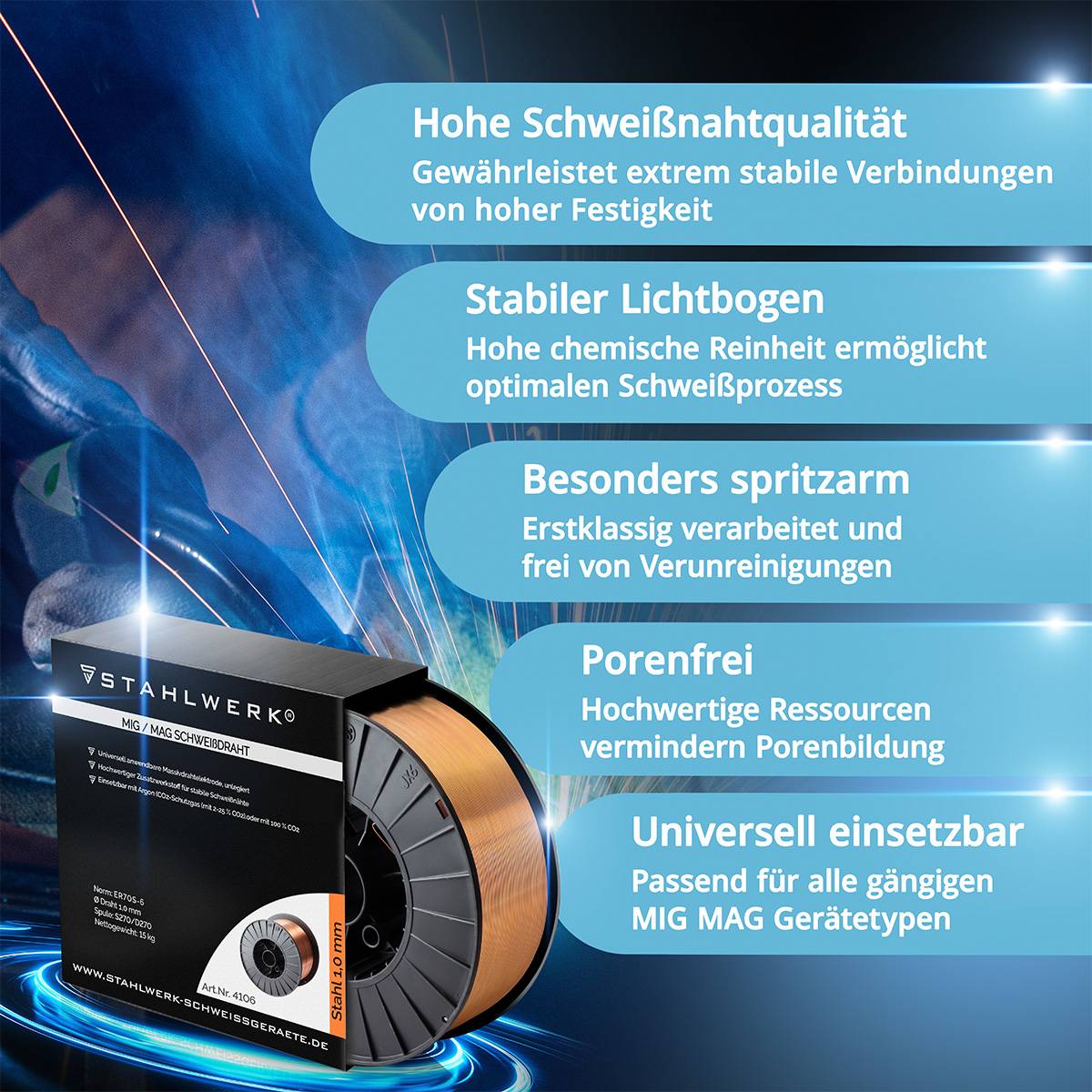 STAHLWERK Schweißdraht MIG MAG Premium Drahtrolle ER70S-6 SG2 1,0 mm 15 kg