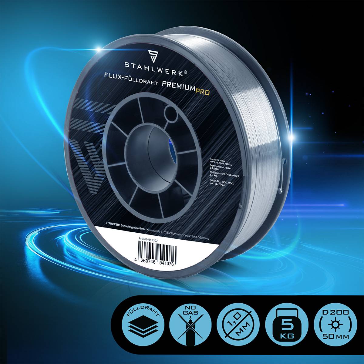 STAHLWERK Fülldraht FLUX E71T-GS 1 mm 5 kg Drahtrolle D200 Schweißdraht MIG MAG