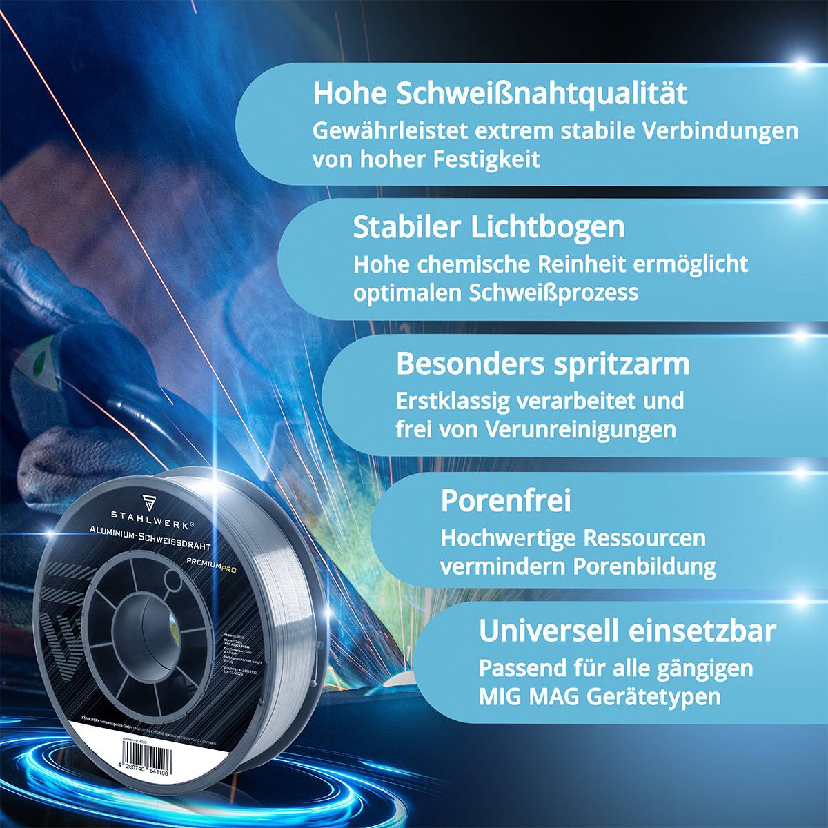 STAHLWERK Schweißdraht MIG MAG Aluminium ER4043 AlSi5 1,0 mm 2 kg Drahtrolle