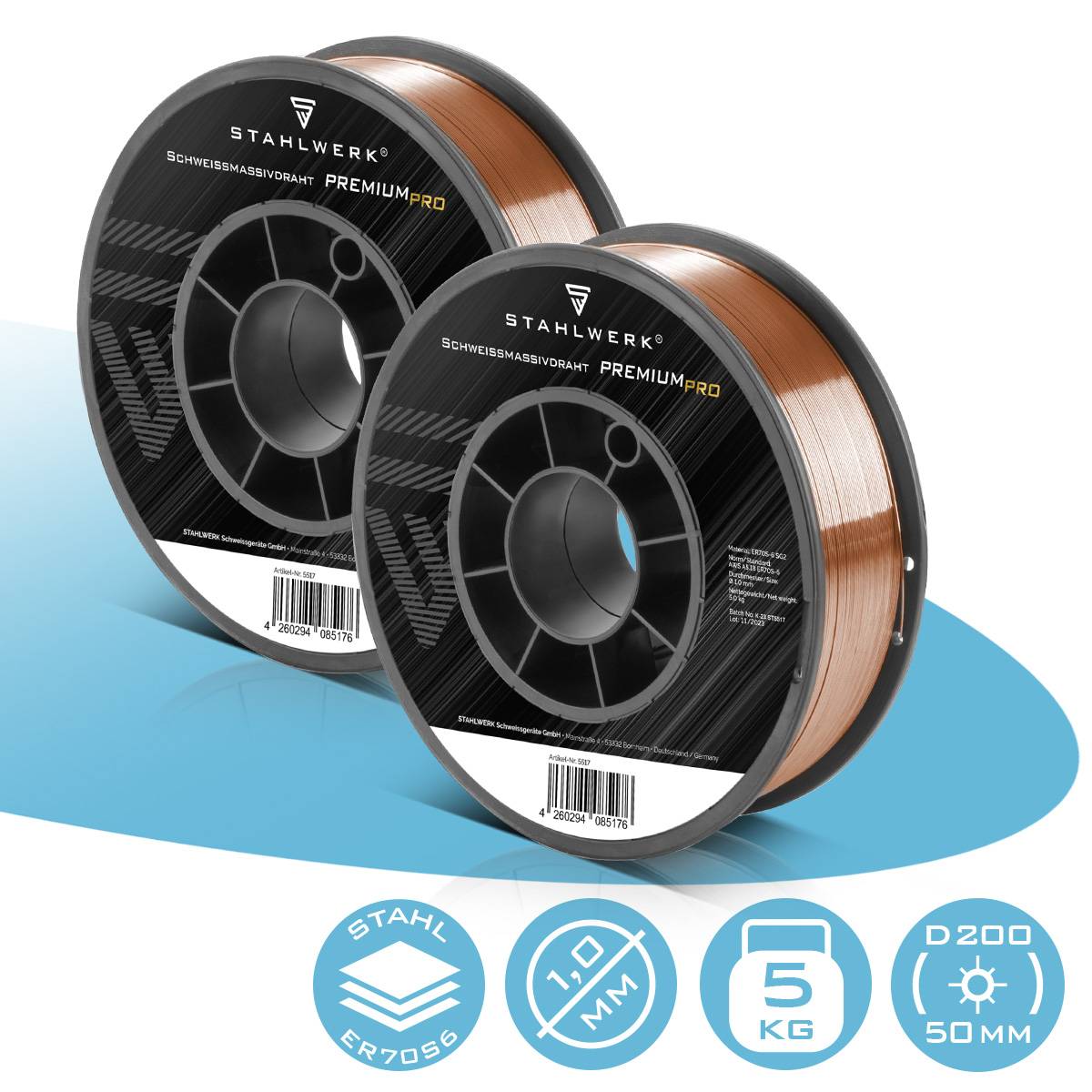 STAHLWERK Schweißdraht 2 x MIG/MAG Ø 1,0 mm Drahtrolle 5 kg Stahl SG2 ER70S-6