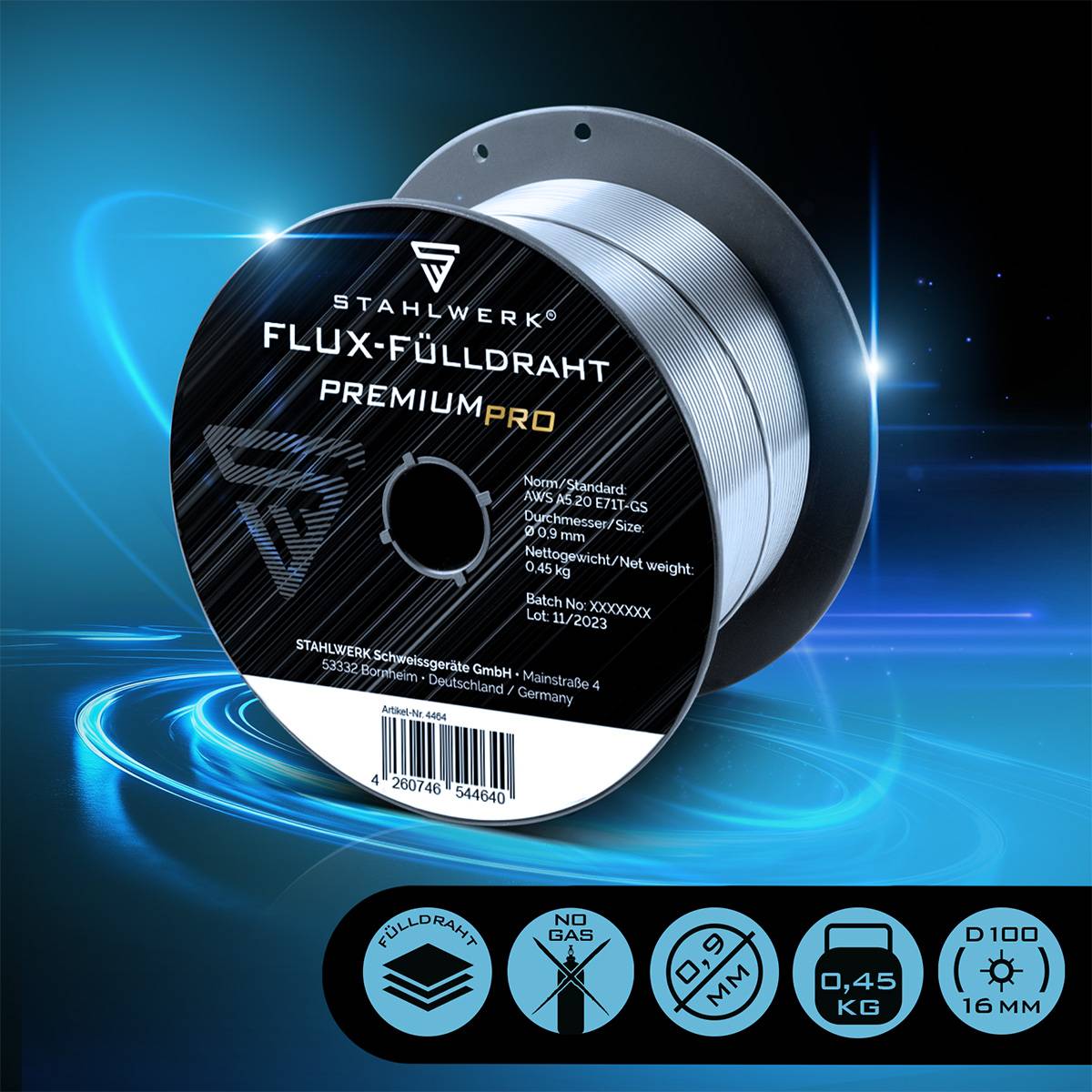 STAHLWERK Fülldraht 3er Set FLUX E71T-GS 0,9 mm 0,45 kg Drahtrolle D100 MIG MAG