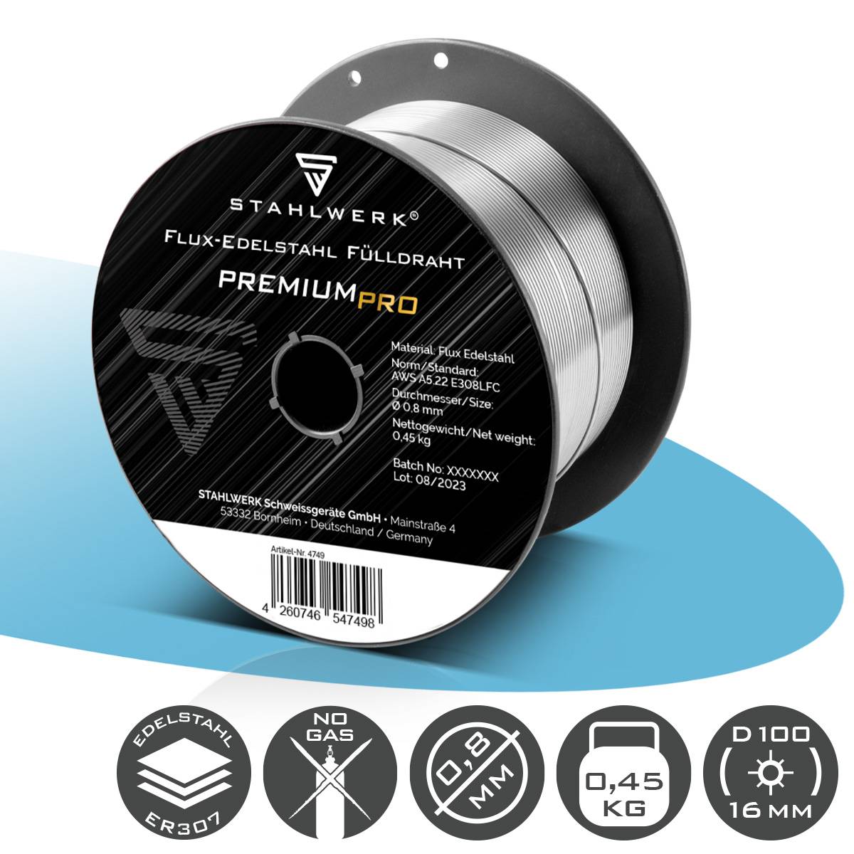 STAHLWERK Fülldraht FLUX Edelstahl E308LFC 0,8 mm 0,45 kg Drahtrolle Drahtspule