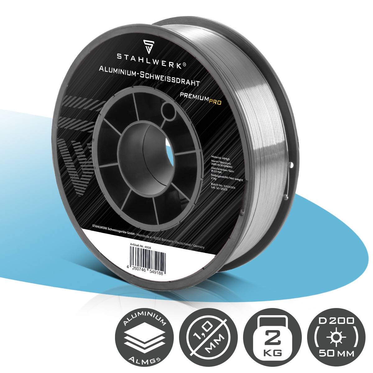 Ein schwarzer Trichter vor blauem Hintergrund, 21 cm breit und 38 cm lang, mit den Beschriftungen „Langlebig