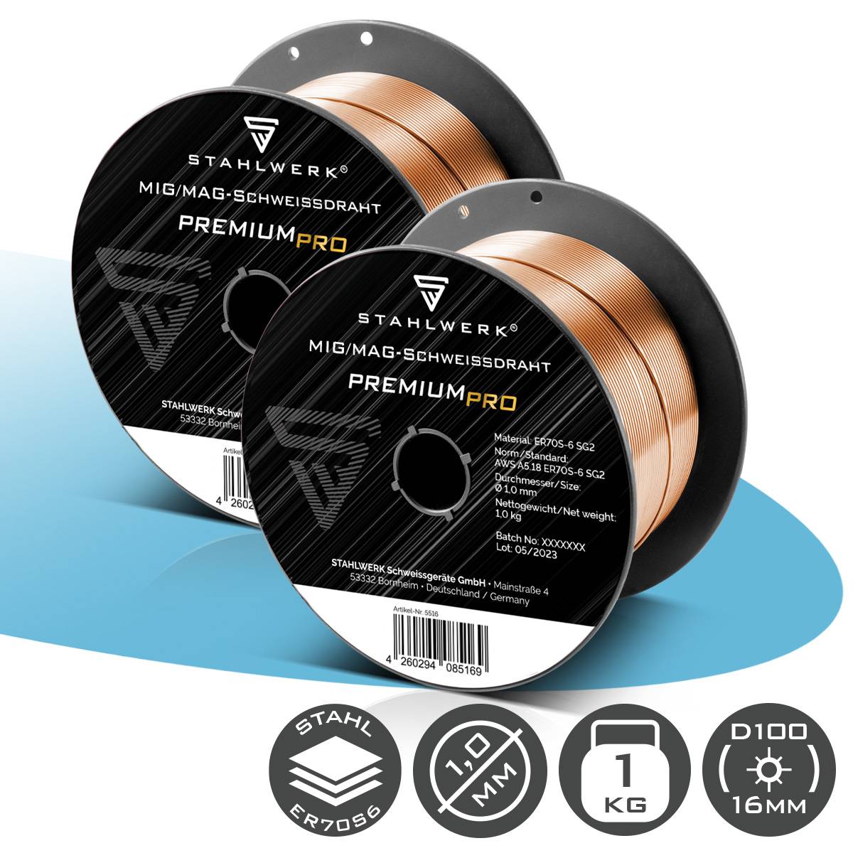 STAHLWERK Schweißdraht MIG MAG ER70S-6 SG2 Ø 1,0 mm 1 kg D100 2er Set