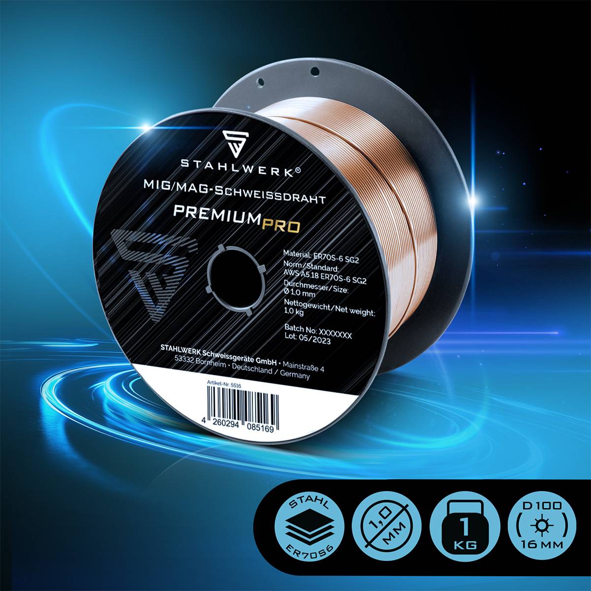 STAHLWERK Schweißdraht MIG MAG ER70S-6 SG2 Ø 1,0 mm 1 kg D100 2er Set