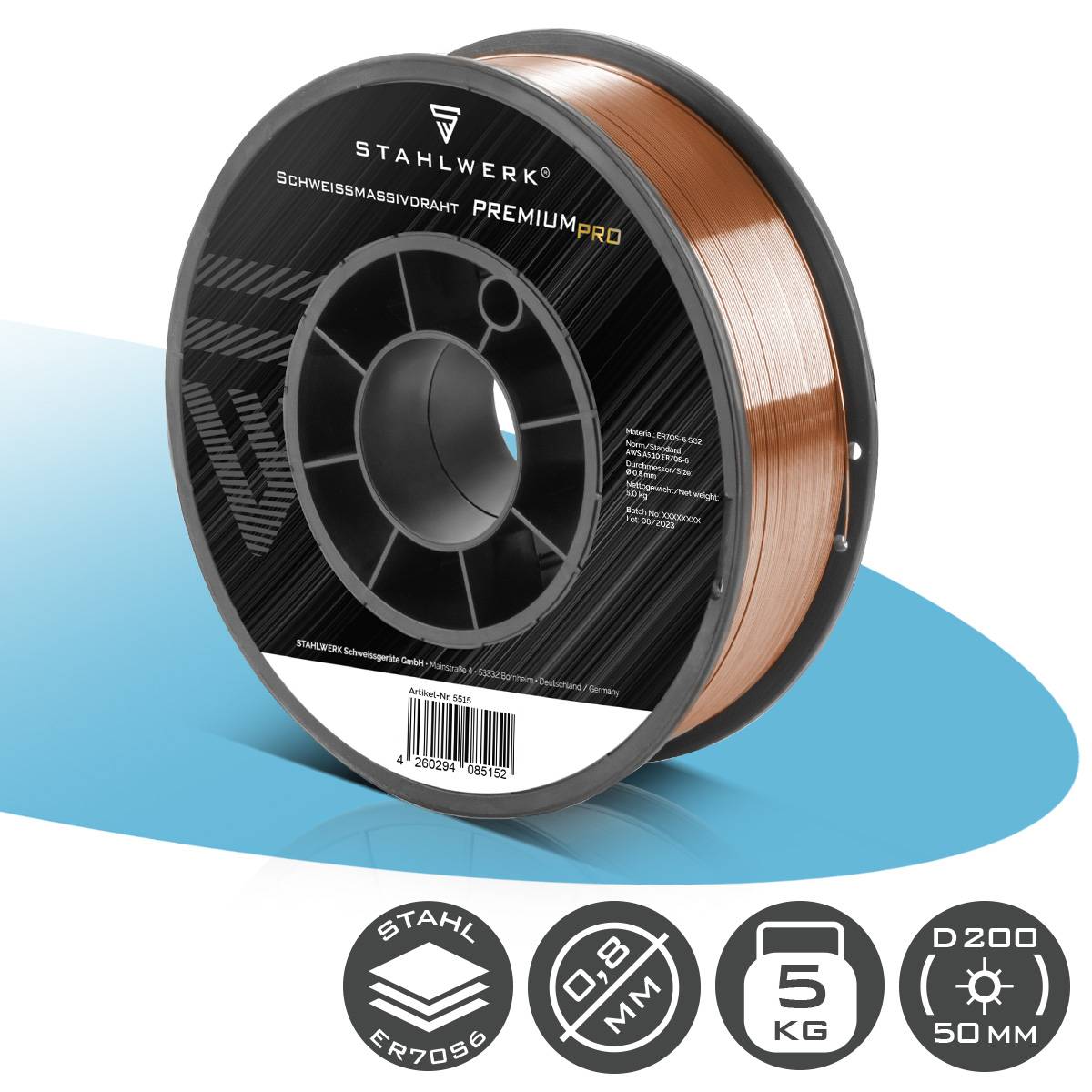 STAHLWERK Schweißdraht MIG/MAG Stahl Ø 0,8 mm ER70S-6 SG2 Drahtrolle 5 kg